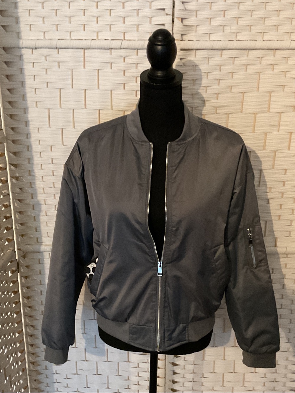 Pink Rose Gray Bomber Jacket with Zip Front